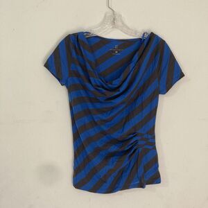 NEW YORK AND CO blue gray striped cowl neck short sleeve jersey knit top XS